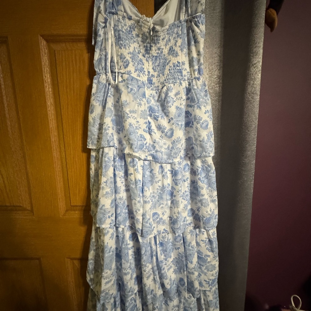 Altar'd State Blue and White Floral Tiered Maxi Dress with Tie Straps - Picture 12 of 14